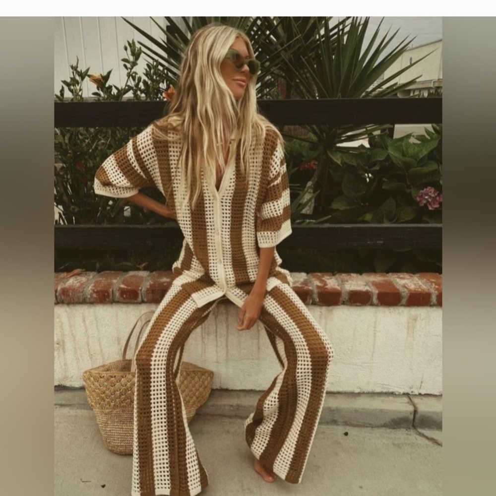 Elegant Brown and White Striped Women's Wide Leg Pants & Jumpsuit